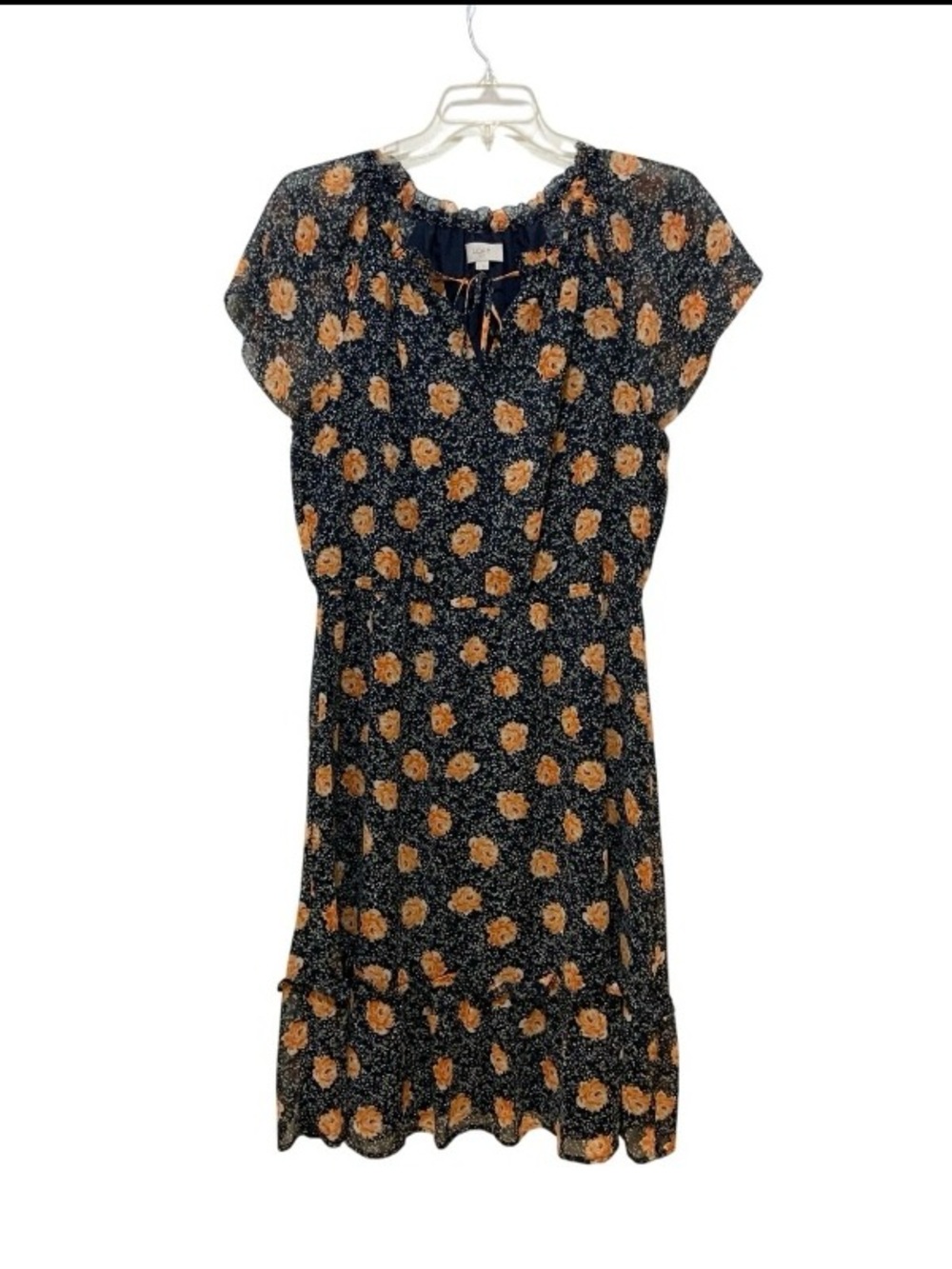 LOFT Outlet Dress XL Navy Blue Orange Floral Chiffon Ruffle Flounce Midi Dress